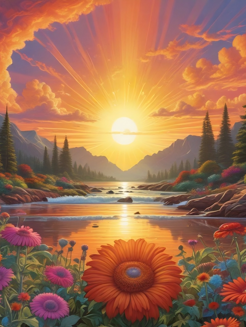 Sunrise Meadow Floral Art Print - Vibrant Orange & Pink